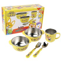 뽀로로 논슬립 스텐식기 5p세트, 혼합 색상, 공기 + 대접 + 컵 + 스푼 + 포크