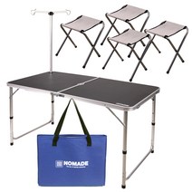 노마드캠핑 THE BLACK 피크닉 랜턴 폴딩 테이블 + BBQ미니체어 4p 세트, 블랙 + 실버 (테이블), 그레이 + 실버 (체어)