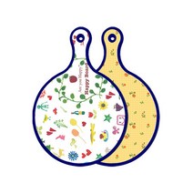 로엠디자인 블루에디션 양면 원형 서빙 도마 해피, 치자색플라워체크, 1개