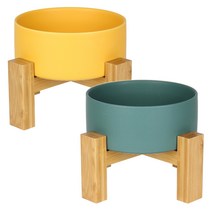 멍지 반려동물 2단 높이 세라믹 식기 L, 옐로우, 비리디안그린, 2개