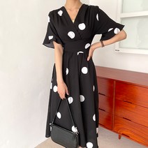 아뗄릭 허리 스트랩 땡땡이 무늬 브이넥 반팔 미디 롱 원피스 13823