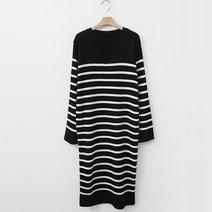 럽스 키니 스트라이프 라운드넥 롱 니트 원피스