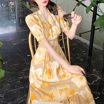 메이첼 가슴 랩 플라워 프릴 봄 여름 반팔 원피스