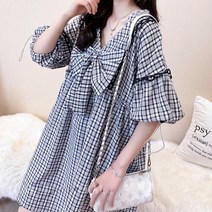 메이첼 빅리본 소매 퍼프 체크 플레어 원피스 00529