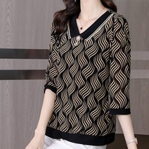 아뗄릭 배색 카라 기하학 패턴 5부 소매 블라우스 00794