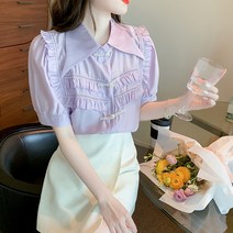 비비에모 뾰족카라 셔링 더블 주름 포인트 반팔 블라우스 01183