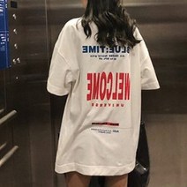 메이첼 여성용 롱 루즈핏 웰컴 반팔 티셔츠 01030