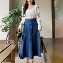 메이첼 빅사이즈 데님 절개 롱 플레어 스커트 01436