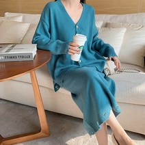 페이퍼먼츠 브이넥 루즈핏 가디건 슬림 롱 스커트 니트 투피스 세트 02832