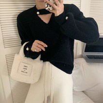 비비에모 여성용 트임넥 진주 포인트 니트 티셔츠 02084