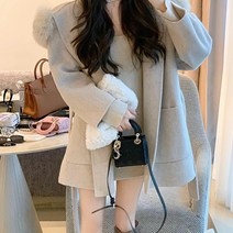 비비에모 여성용 세리스 후드 벨티드 빅포켓 모직 코트 02246