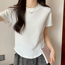 페이퍼먼츠 여성용 절개라인 심플 라운드 데일리 반팔 티셔츠 04112