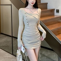 비첼라 비비에모 날씬한 골지 워머 셔링 단추 미니 원피스 02892