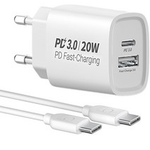프라임큐 가정용 고속 충전기 PD 3.0 20W C타입 + USB-A + C to C 케이블 세트, 화이트, 1세트
