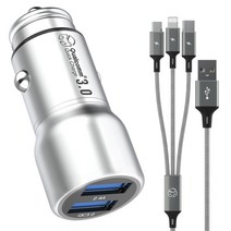 디지지 차량용 USB 듀얼시거잭 + 3 in 1 스카이메타 고속 충전 케이블 70cm, 시거잭(DGG-601), 케이블(DGG-530), 메탈실버