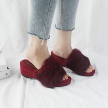 벨라노이 여성용 따뜻한 리얼 토끼털 웨지힐 통굽 슬리퍼 6.5cm