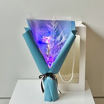 미다운플라워 조화 홀로그램 장미 미니꽃다발 LED 한송이 + 눈꽃 조화 + 쇼핑백, 아쿠아마린