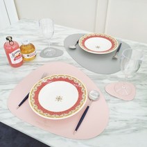 TAD 방수 가죽 식탁 테이블 매트 2종 + 컵받침 2종, 연핑크, 그레이, 45 x 37cm, 12.5 x 12cm