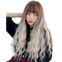 하이유니 옴브레 히피 펌 롱 헤어 통가발 가발 68cm + 가발망 + 거치대 세트, 통가발(크림), 랜덤발송(가발망, 거치대), 1세트