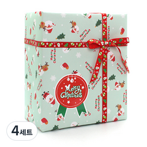 피크닉앤패키지 포장지 8p + 리본 6m + 스티커 8p 세트, 산타와루돌프(포장지), xmas메달(스티커), 레드(리본), 4세트