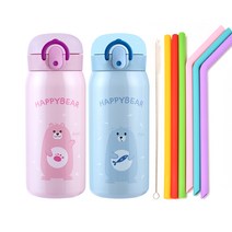 해피베어 원터치 보온보냉병 2종 + 빨대 6p 세트, 350ml, 핑크, 스카이블루