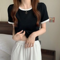 모네타 여성용 배색 포인트 캐주얼 크롭 반팔 상의