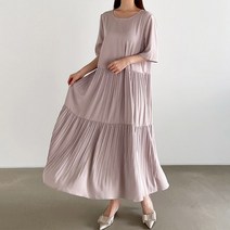 오키 여성 인디 주름 셔링 롱원피스