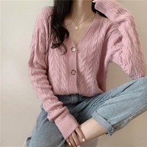 여성용 MA 로이 꽈배기 브이넥 가디건