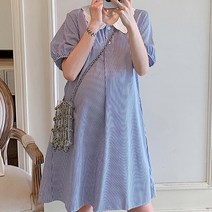 물결카라 스트라이프 격자 퍼프 임산부 원피스