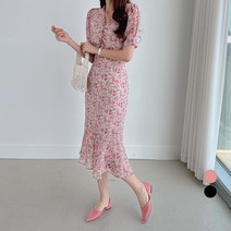 쿨쿠 여성용 셔링 플라워 나염 반팔 원피스