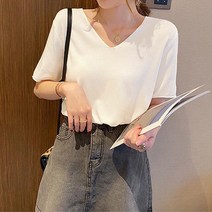 유니제이 여성용 달티 브이넥 반팔 니트