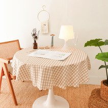 레트로 깅엄 체크 원형 방수 식탁보, 레트로 베이지, S(120cm)