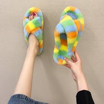 더플로우 여성용 달록달록 말괄량이 삼색 퍼 슬리퍼