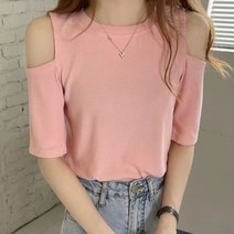 여성용 어깨트임 유니크 라운드 반팔 티셔츠 HN041