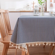 마켓에이 사이드 태슬 리핏 린넨 식탁보, 네이비, 140 x 140 cm