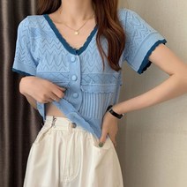 구디프 여성용 펀칭 니트 반팔 가디건