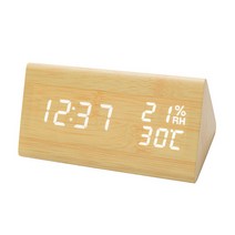 구스 무소음 LED 우드 삼각 온도 습도 알람 탁상 시계, 메이플