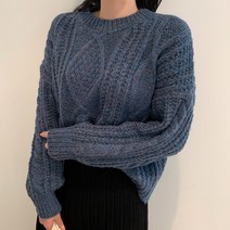 오키진 여성용 꽈배기 보카시 라운드 니트