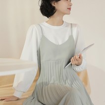 빼빼 여성용 라운드넥 셔링 퍼프 스판 긴팔 티셔츠