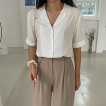 비스코스 브이넥 카라 반팔 블라우스