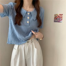 찐 플라워버튼 링클 카라 블라우스