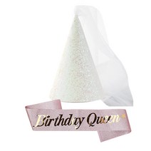 조이파티 글리터 베일 파티고깔모자 + 생일어깨띠 Birthday Queen 세트, 펄화이트(모자), 로즈골드(어깨띠), 1세트