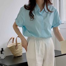 플랜데이 여성용 베이글 루즈핏 기본 반팔 셔츠 남방