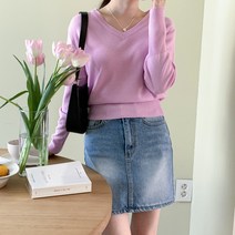 여성용 안사틴 브이넥 데일리 무지 니트 cpnt4357k31