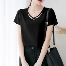 마더브띠 여성용 오픈넥 민무늬 반팔 티셔츠