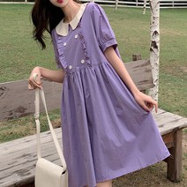 더플단추 카라 배색 프릴 임산부 반소매 원피스