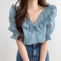 MA 브이넥 빅프릴카라 쉬폰 블라우스