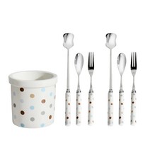 반디 도트 도자기 티세트 2인, 1세트, 티스푼통 + 티스푼 2p + 티포크 2p + 롱스푼 2p