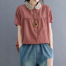 유니제이 니엘 레이스 카라 체크 블라우스