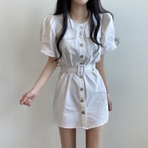 데일리 스티치 코튼 벨트 반팔 미니원피스